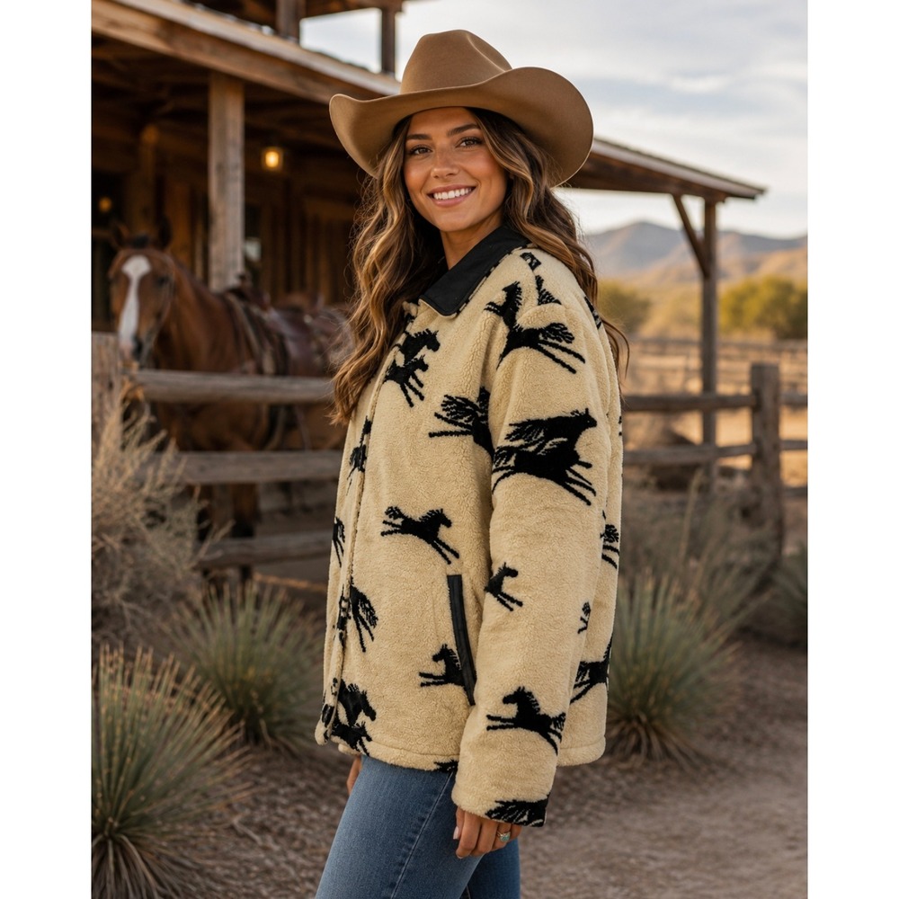 TSUNAMI Equestrian Horse Print Fleece Jacket Faux Suede Trim Buttons Large - Picture 5 of 13